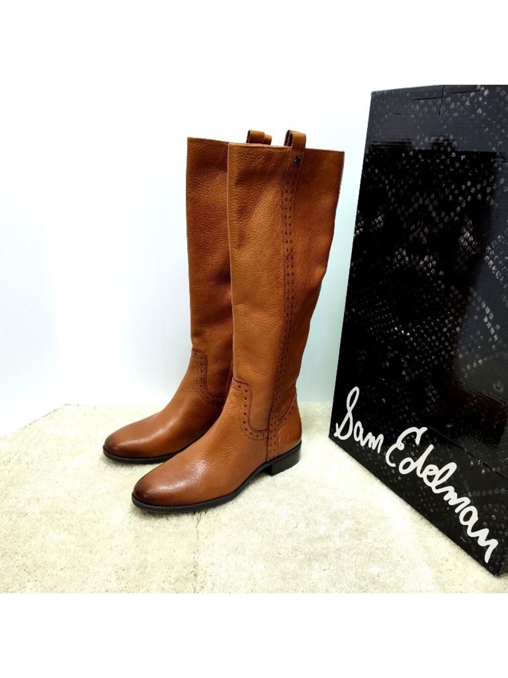 Sam Edelman Prina Whiskey Leather Tall Riding Boots 9M Studded Pebbled Texture